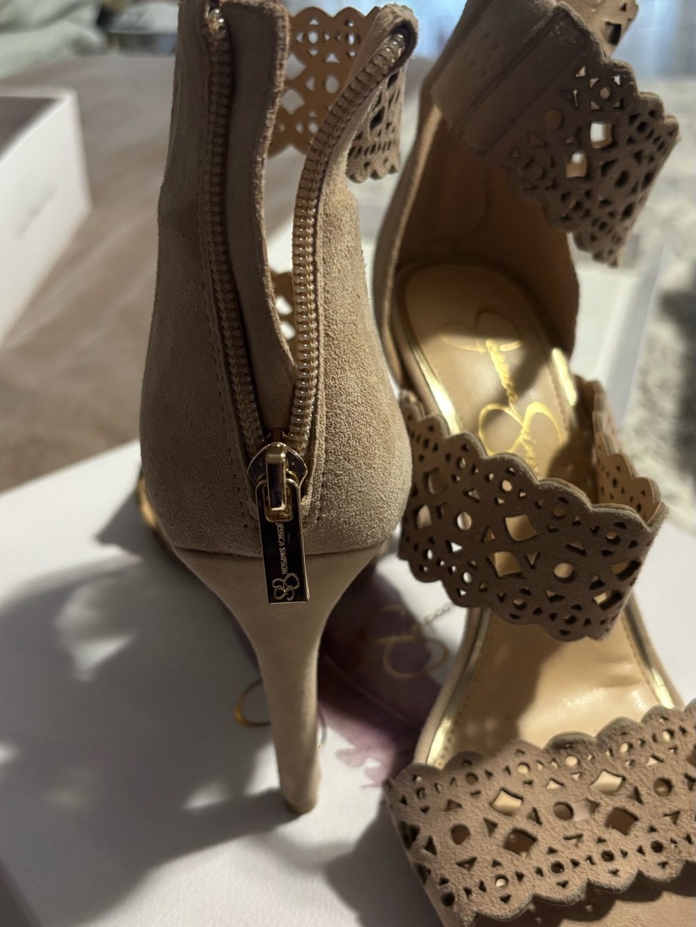 Jessica Simpson Taupe Laser-Cut Suede Stiletto Sandals